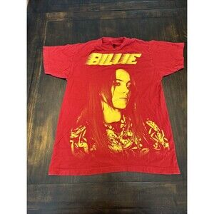 Billie Eilish T Shirt Red Music Yellow Spellout Face Print Men's Size Medium